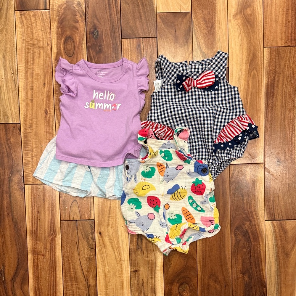 Summer Baby Clothing Set with Purple Top and Patterned Rompers